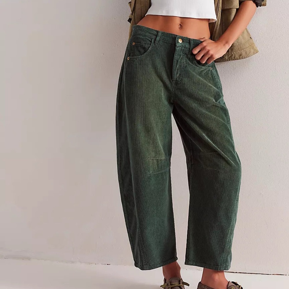 Free People Forest Green Corduroy Barrel Leg Jeans